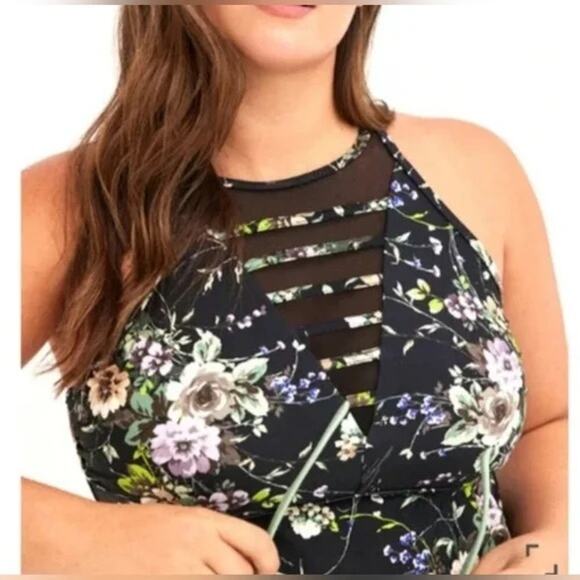Torrid Black Floral Mesh Inlet High Neck Convertible Strap Tankini Swim Top - Picture 1 of 11
